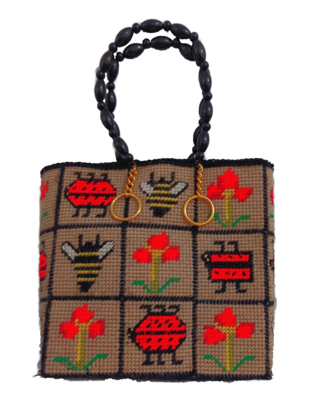 Vintage 1970s Needlepoint Ladybug & Bumble Bee Handbag
